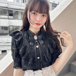 Rojita Frill Feathered Black Short-Sleeve Blouse